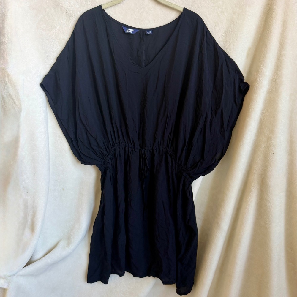 Lands End Black Modal Kaftan Cover Up Dress Size XL XXL V Neck Drawstring Tie